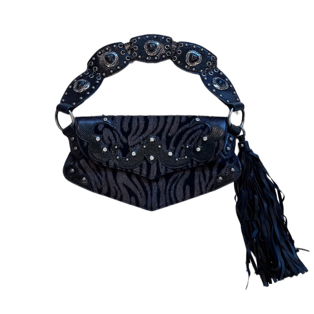 Black y2k leather fur zebra print rhinestone chain shoulder bag with fringe